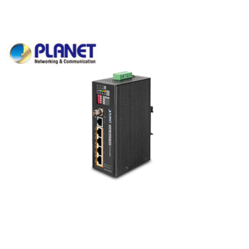 IP30, Industrial 4-Port 10/100TX POE PSE + 1-Port Coax/UTP Long Reach POE Extender, -20 to 70 degrees C