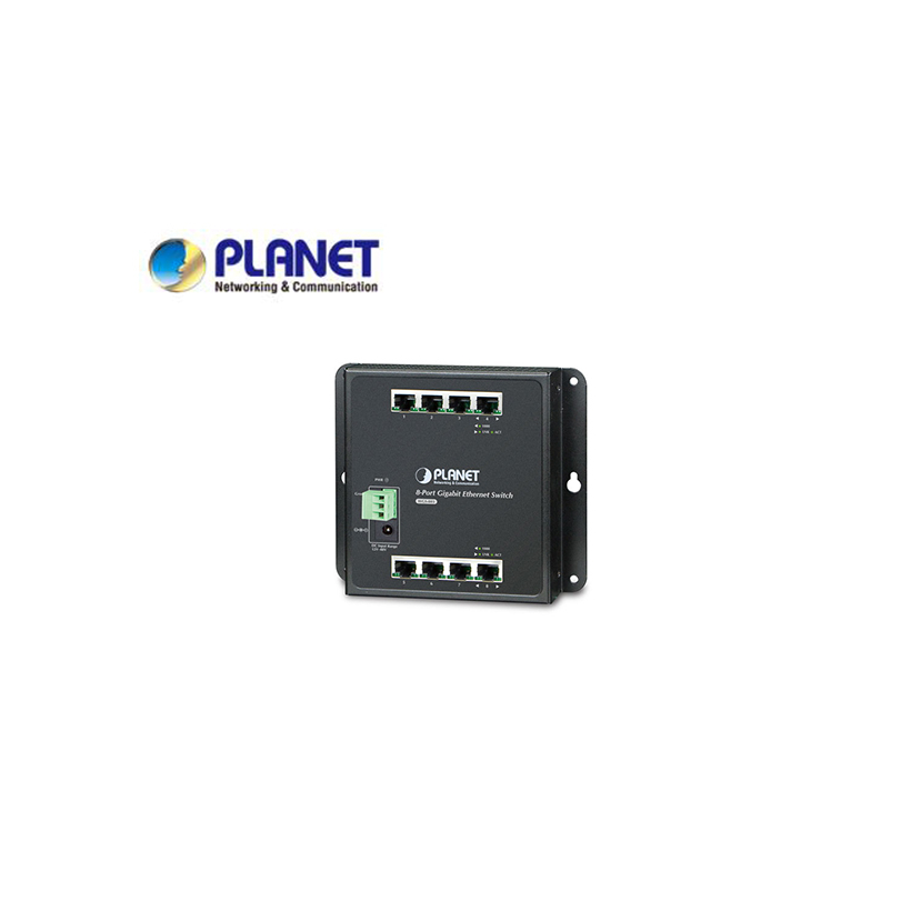 IP30 8-Port Gigabit Wall-mount Switch (-10 to 60 C), dual redundant power input on 12-48VDC terminal block and power jack