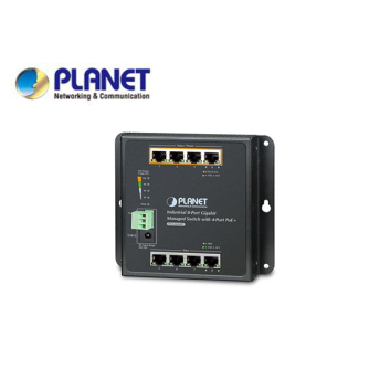 IP30, IPv6/IPv4, 8-Port 1000TP Wall-mount Managed Ethernet Switch with 4-Port 802.3AT POE+ (-40 to 75 C), dual redundant power input on 48-56VDC terminal block and power jack, SNMPv3, 802.1Q VLAN,