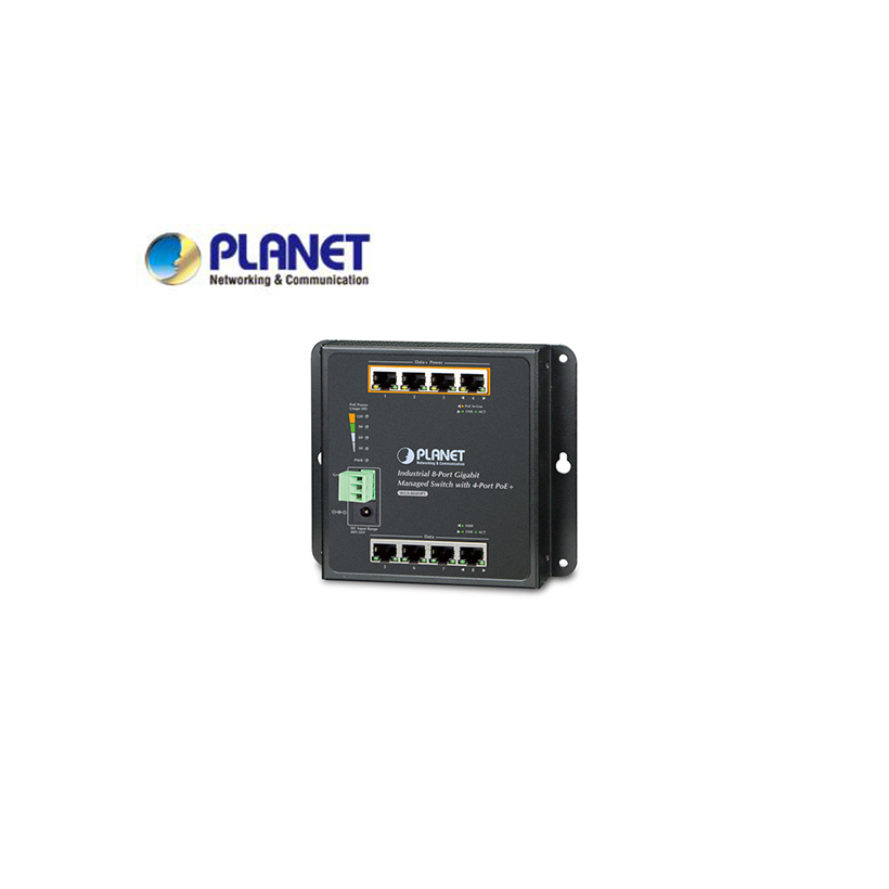 IP30, IPv6/IPv4, 8-Port 1000TP Wall-mount Managed Ethernet Switch with 4-Port 802.3AT POE+ (-40 to 75 C), dual redundant power input on 48-56VDC terminal block and power jack, SNMPv3, 802.1Q VLAN,