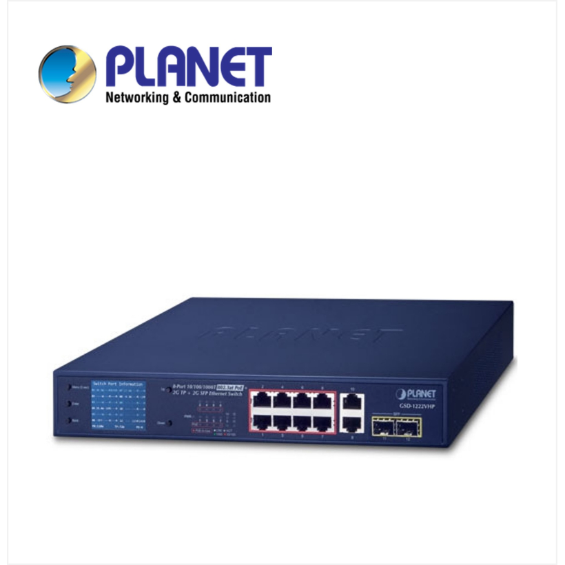 8-Port 10/100/1000T 802.3at PoE + 2-Port 10/100/1000T + 2-Port 1000SX SFP Gigabit Switch with smart color LCD