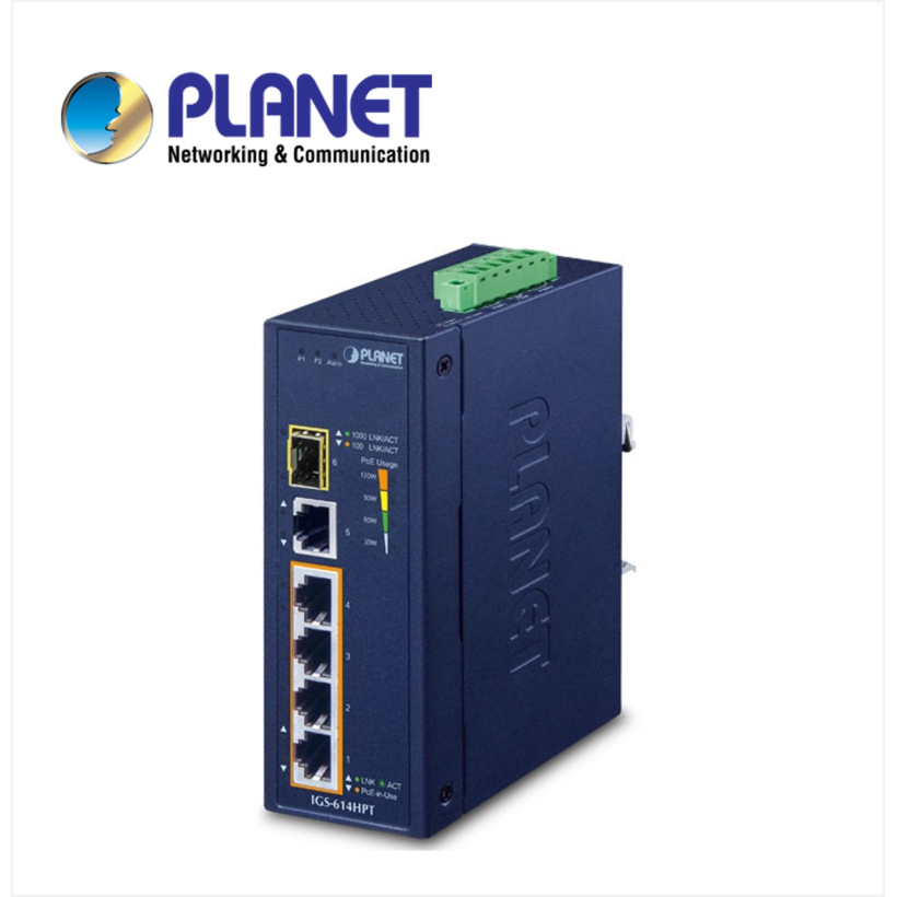 IP40 Industrial 4-Port 10/100/1000T 802.3at PoE + 1-Port 10/100/1000T + 1-Port 100/1000X SFP Gigabit Ethernet Switch