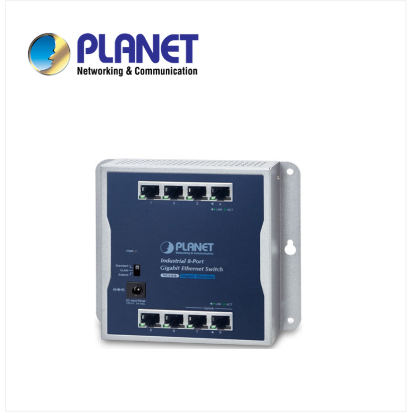 IP30 Industrial 8-Port 10/100/1000T Wall-mount Gigabit Switch (Standard/VLAN/Extend mode, fanless, -20 to 60 C),12V 1A AC power adapter included